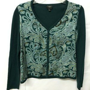 Talbots Petites Silk & Italian Merino Cardigan Sweater Teal Paisley Print